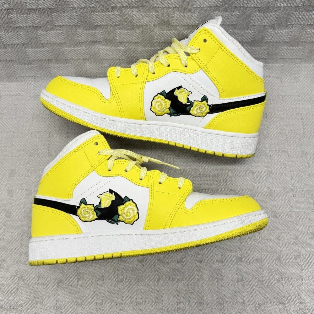 Nike Air Jordan 1 Mid SE GS Rose Patch‎ Dynamic Yellow Kids Size 4.5Y AV5174-700